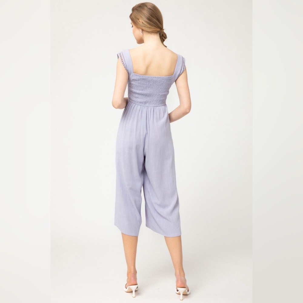 Entro | Layla Solid Smocked Cropped Jumpsuit Crochet Lilac Linen Purple Large - Picture 9 of 13